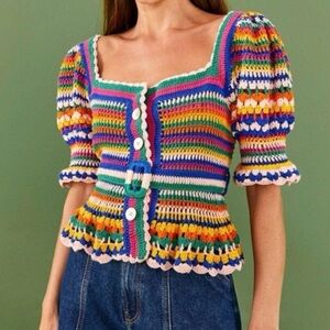FARM Rio Multicolor Crochet Puff Sleeve Button Front Top